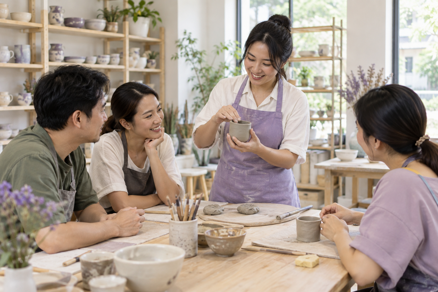 ผู้สอนสาธิตการปั้นดินให้ผู้ใหญ่ในห้องเวิร์กช็อปศิลปะ