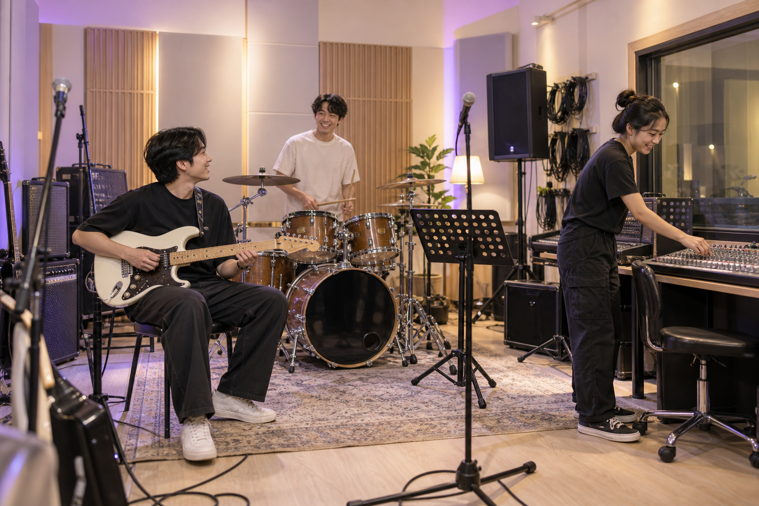 นักดนตรีและทีมสตูดิโอเตรียมห้องซ้อมดนตรีก่อนเริ่มใช้งาน